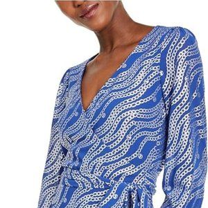 Michael Kors Metallic Chain-Print Wrap Top Twilight Blue XLarge